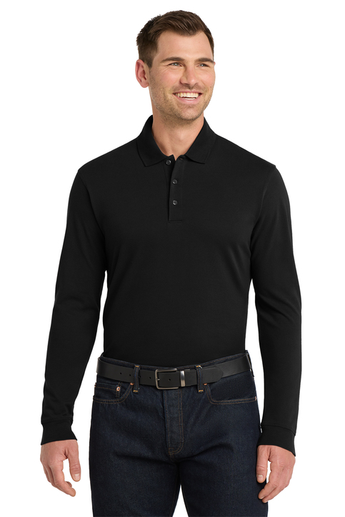 Port Authority EZCotton Long Sleeve Polo Black front